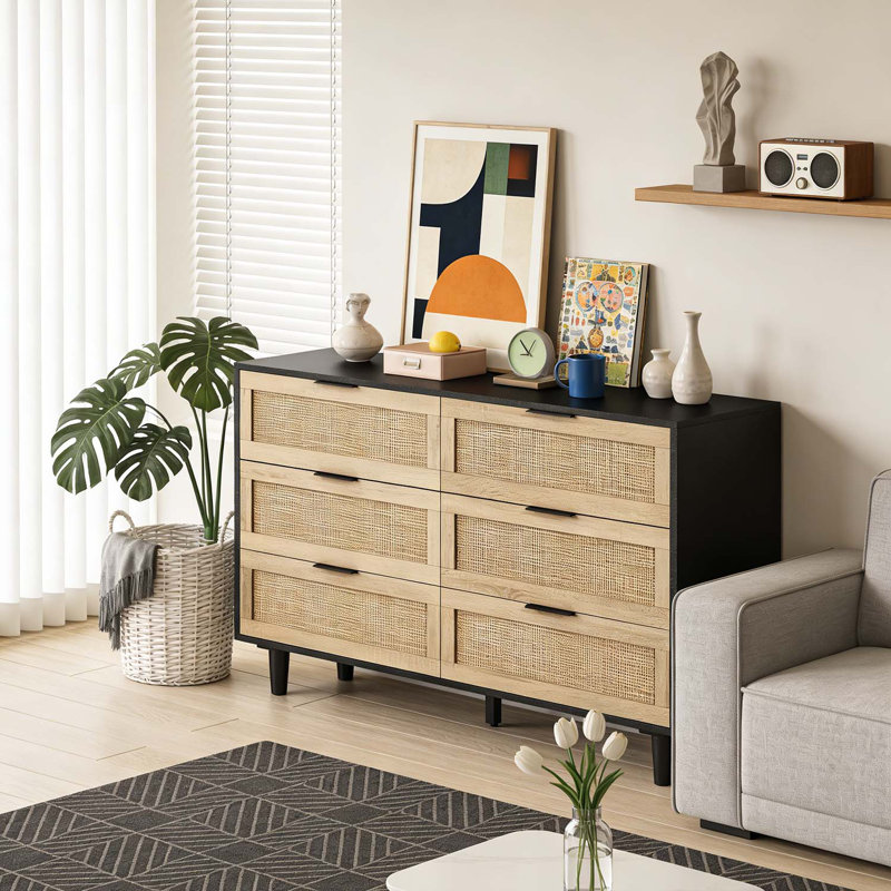 Armoire de rangement élégante en rotin à 6 tiroirs, 51.18", Noir