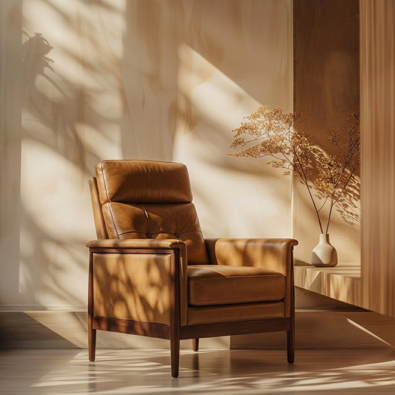 Outen Mid-Century Modern Genuine Leather Armchair with Solid Wood Armrests, Brown