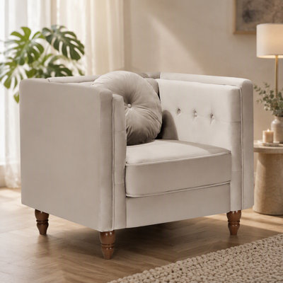 Chaise d'appoint classique Chesterfield, chaise d'appoint à accoudoirs carrés capitonnés avec pieds fuselés en bois, chaise longue rembourrée en velours écrasé