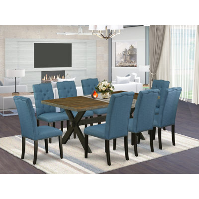 Ensemble de salle à manger moderne 9 pièces comprenant une table rectangulaire en bois avec pattes en X et 8 chaises de salle à manger Parson en tissu lin bleu multicolore.