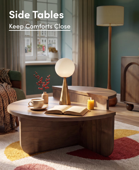 Side Tables: Keep Comforts Close. A tiered wooden side table in a cosy living room featuring a globe lamp, an open book, a cup of tea, and a lit candle.
