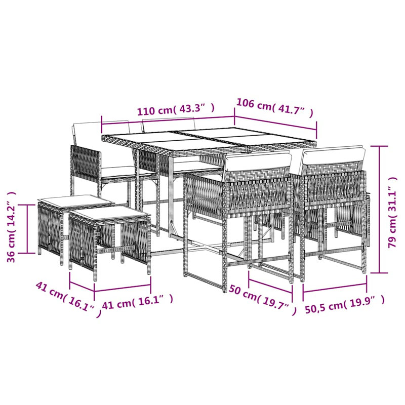 Patio Dining Set with, 5, 4, PE Rattan; Powder Coated Steel; Tempered Glass, Grey, 73 cm H x 110 cm W x 106 cm D, Grey