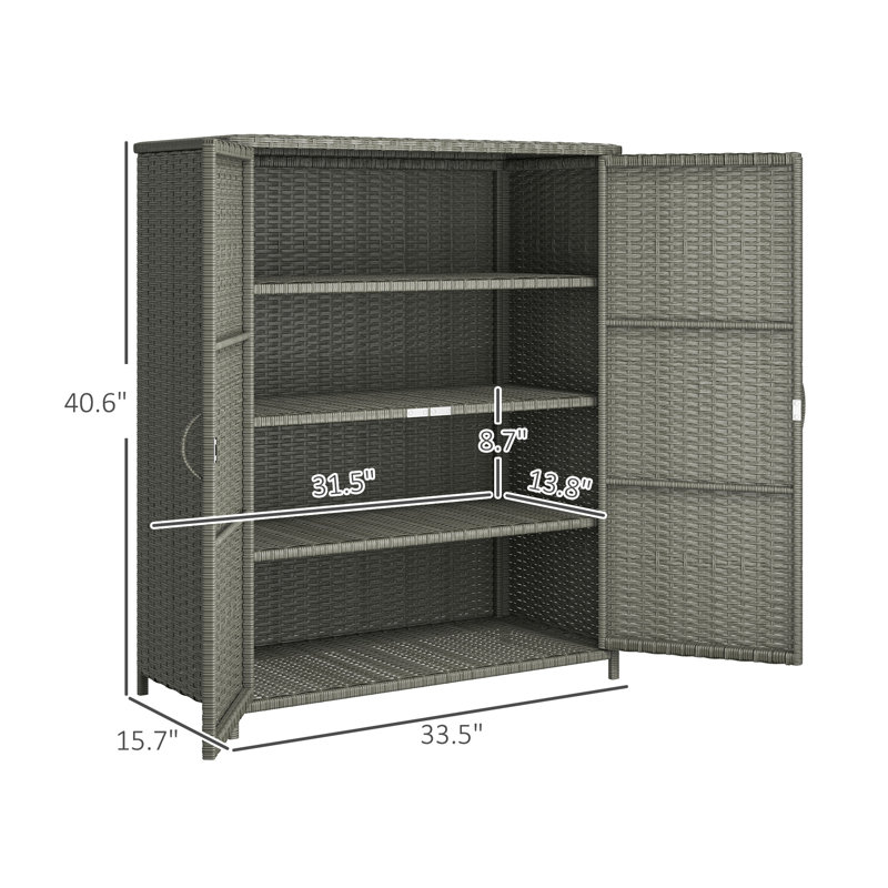 Rattan Wicker Outdoor Storage Cabinet With 4 Shelves And 2 Doors For Garden Pool Towel Storage, Dark Gray, Dark Gray