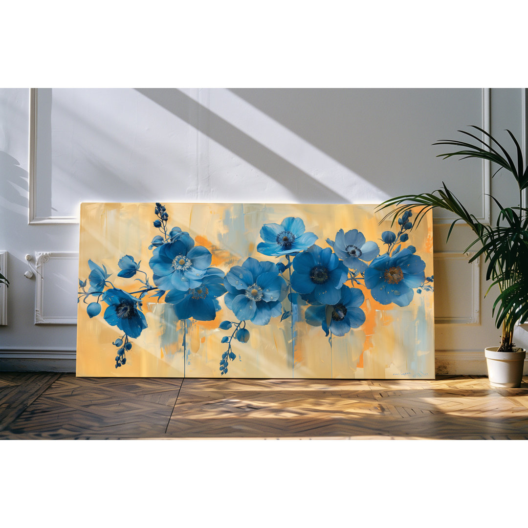 Wandbild 120x60cm Blaue Blüten Blumen Pastelltöne abstrakter Hintergrund