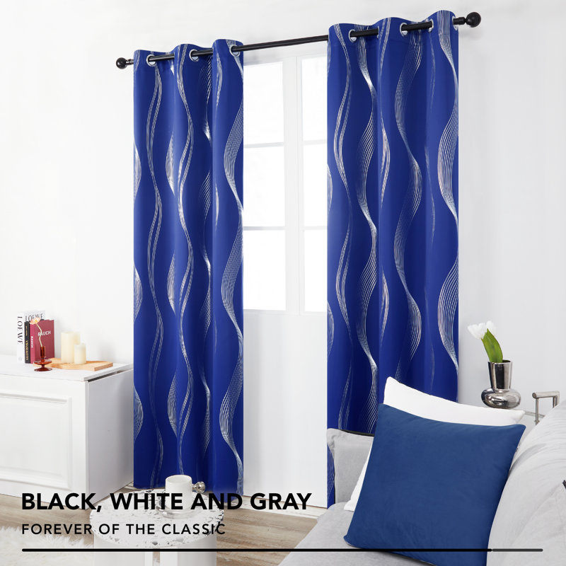 Spurgh Sliver Wave Foil Print Blackout Thermal Grommet Curtain Panels (Set of 2), 42" W x 84" L, Royal Blue