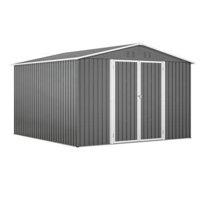 Grey 10X10 Ft Outdoor Storage Shed With Updated Structure, Lockable Doors, Ventilation And Sloped Roof, Great For Garden Metal In Grey, Multifunctional Storing Antennas, Doors Ventilation, Quick