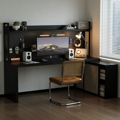 Black + Light Brown L-Shaped Solid Wood + Iron + Rattan desk