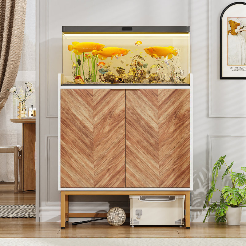 Support d'aquarium de 29 gallons avec portes de rangement et arêtes de poisson, support d'aquarium moderne Mid-Century avec base en métal doré, support d'aquarium de 20 à 30 gallons en bois robuste avec tablettes réglables