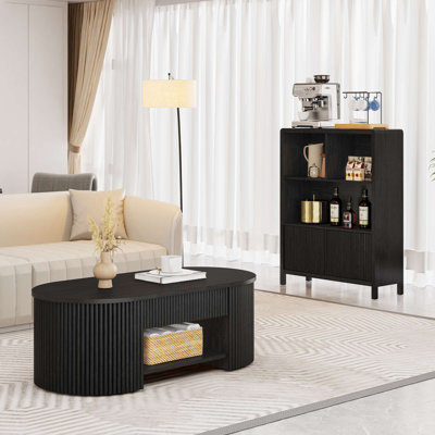 Guinna Mid Century Oval Coffee Table with Drawer, Modern Centre Table with Shelf for Living Room, Apartment and Small Spaces