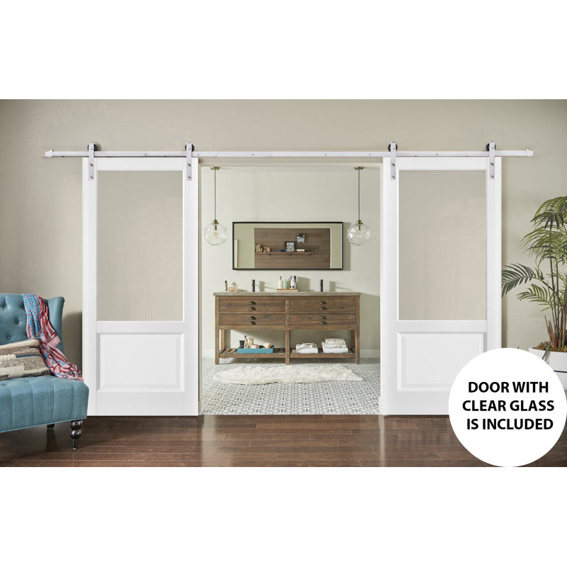 Porte de grange double robuste avec rail Lucia 1533 blanc soie et vitrage clair, supports de rail de 4 m (13 pi), portes intérieures à panneaux pleins et lourds - 152 cm x 213 cm (60 po x 84 po) (2 x 76 cm x 84 po) - Rail argenté - Vitrage clair
