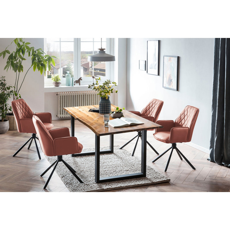 4 - Person Dining Set, Black/Natural/Cognac, 75cm H x 160cm W x 85cm D, Natural/Cognac/Black