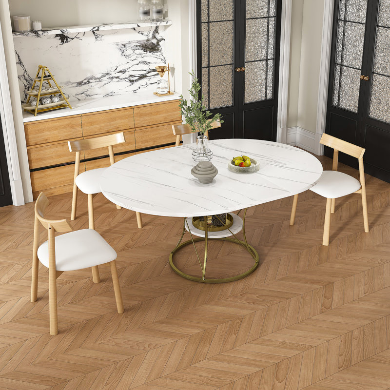Ensemble de table de salle à manger, table de salle à manger extensible ronde avec base en métal, 4 chaises à structure en bois