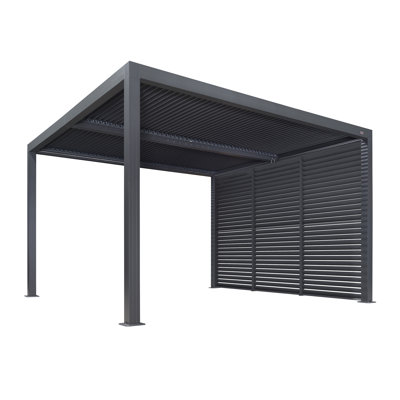 Pergola en aluminium mauve à persiennes mauve à motif de persiennes 94a avec toit à rideau ajustable pour terrasse et abri de jardin à toit rigide gris, 1 côté long
