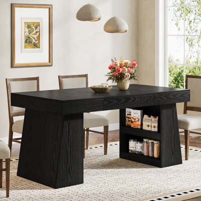 55" Farmhouse Dining Table With Storage Drawer And Shelves, Rectangle Kitchen Table For 4-6 People