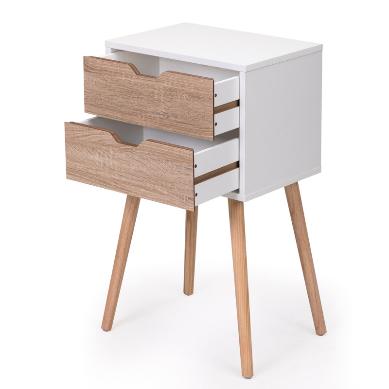 Table de chevet moderne avec 2 tiroirs, pieds en bois massif, rangement pour table de chevet, rangement, Blanc / Brun