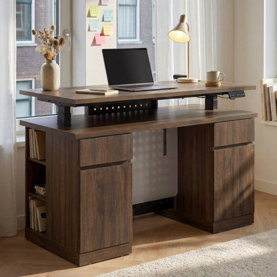 54.3" Electric Height Adjustable Executive Desk With Storage Cabinets, Sit Stand Computer Desk With Drawer, Open Shelves, Memory Controller And Cable Management Panel
