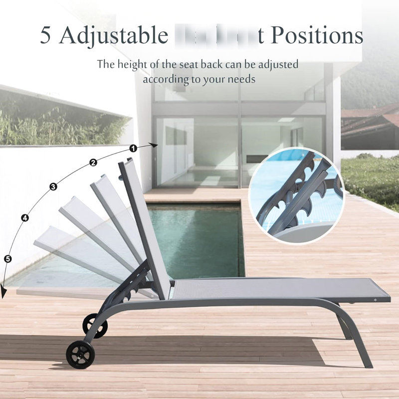 Chaises longues Grey Beach de 2,5 à 5 positions réglables, aluminium, respirant, roulettes pour faciliter le déplacement, installation simple sur le patio extérieur gris - respirant, confortable, style moderne, toutes saisons