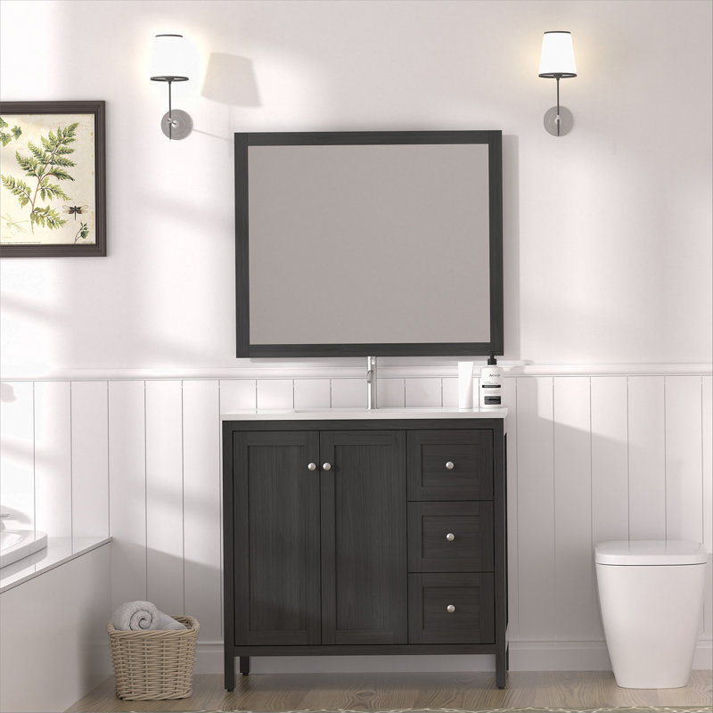 Meuble-lavabo moderne avec lavabo 35,5 po, armoire de rangement avec portes à fermeture douce et 3 tiroirs, noir Munich
