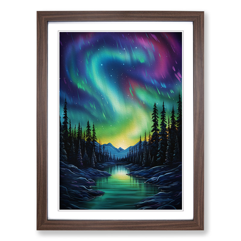 Northern Lights Modern - Single Picture Frame Print on Wood, 34cm H x 25cm W x 2cm D, Walnut