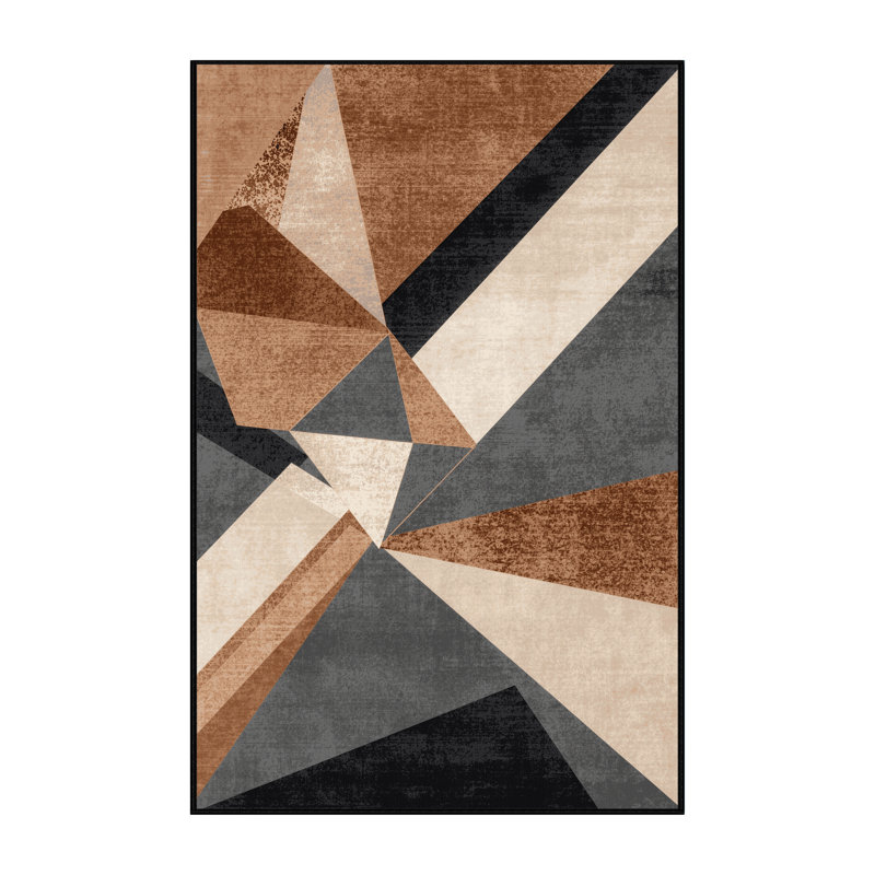 Tapis géométrique moderne lavable à la machine en brun - reliure noire, 7 x 9