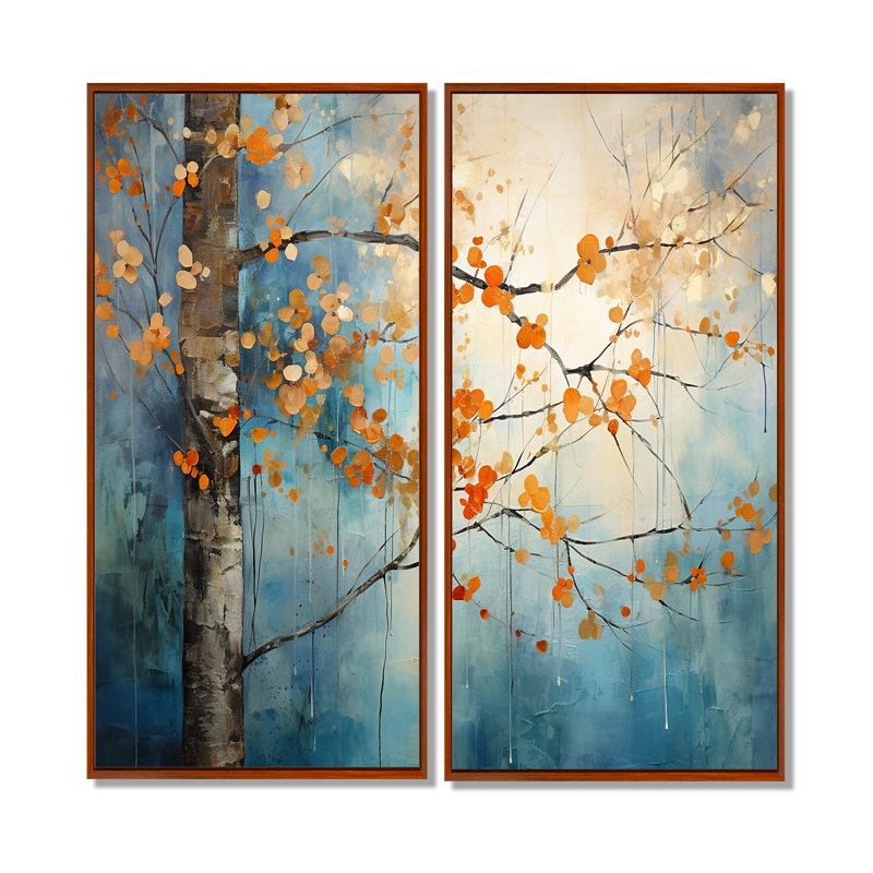 Érable orange sarcelle brillant, braises II - art mural érable floral, H 20 po x l 24 po, Brun