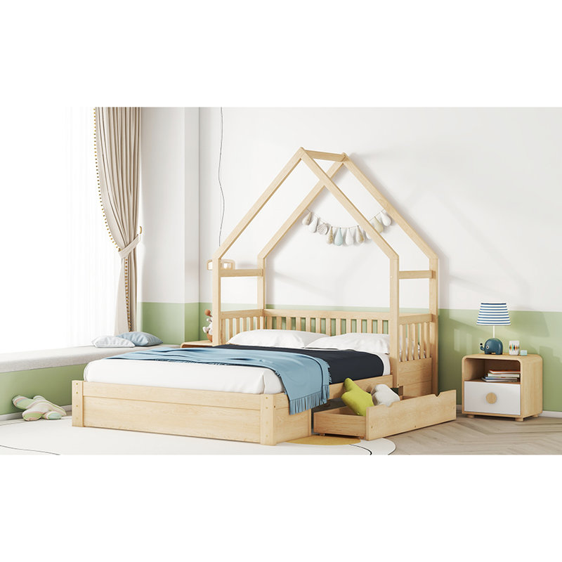 Grand lit plateforme en bois naturel avec garde-corps et 2 tiroirs spacieux