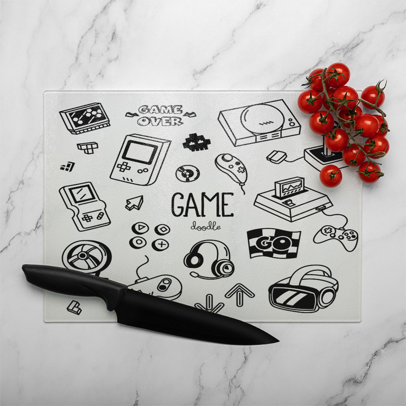Game Doodles Glass Chopping Board, 28cm L x 20cm W