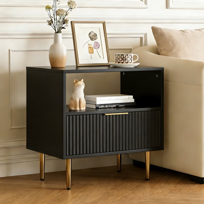 White Nightstand With Drawer, End Table With Storage, Bed Side Table With Open Space For Bedroom, Modern Nightstand With Golden Handle, Side Night Sta