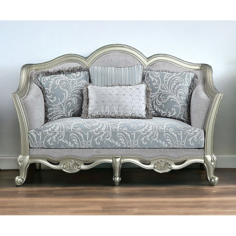 66" Light Grey Damask Linen And Curved Loveseat and Toss Pillows