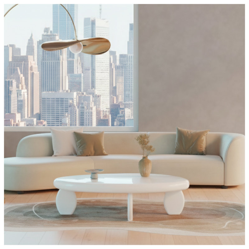 Table basse Modern Cobblestone avec finition blanche ultrabrillante et pieds sculpturaux, Blanc, Plat