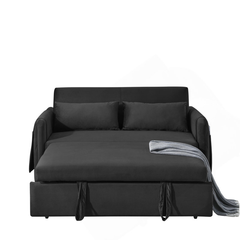 Canapé-lit convertible moderne de 55 po avec 2 accoudoirs amovibles, canapé-lit en velours avec lit escamotable, 2 coussins et dossier ajustable pour le salon, accoudoirs quadrillés