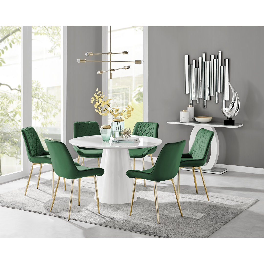 Edzard Statement Pedestal Round Dining Table Set & 6 Luxury Velvet Dining Chairs