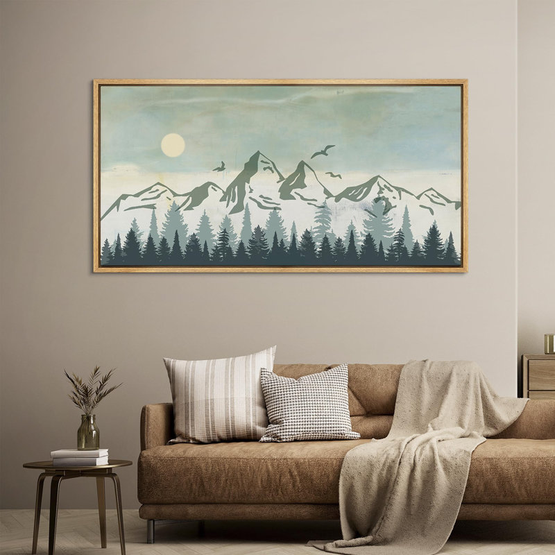 Paysage montagneux et oiseaux volants, H 30 po x l 60 po, Naturel