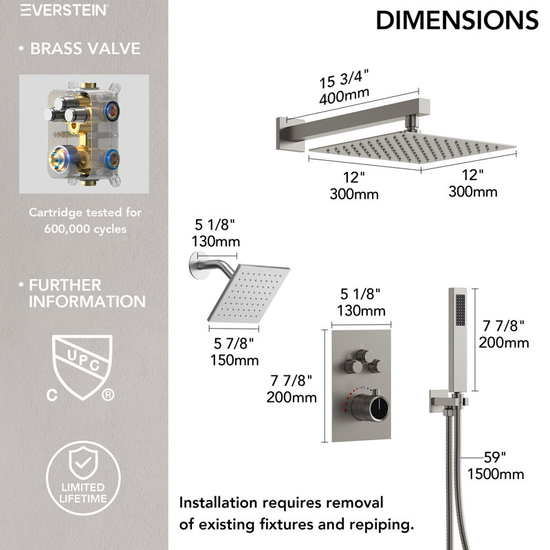 Wall Mount 12" High-Pressure Rainfall Shower Faucet, Dual Rainfall Shower Head System with Thermostatic Valve, Brushed Nickel