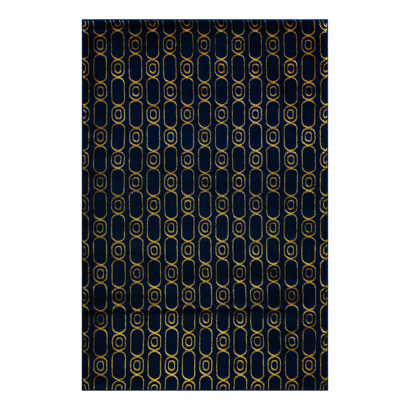 Latitude Run® Column Novica Rug Navy Blue and Gold, Rectangle 6'1" x 9'