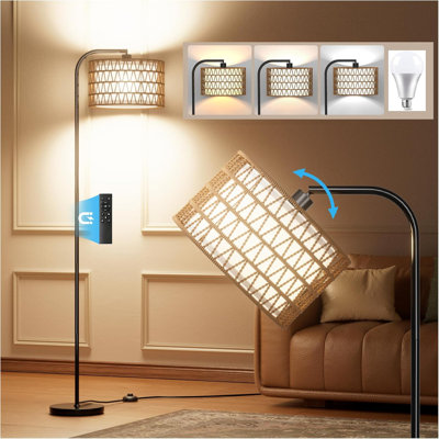 Arc Floor Lamp With Remote, Dimmable Farmhouse Standing Lamp, 3 Color Temperatures, Rattan & Fabric Shade, 350° Rotatable, 65" Tall For Living Room, Bedroom, Reading