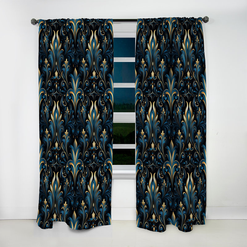 Motif de fleurs bleues et dorées de luxe III - rideau Ikat - obscurcissement de la pièce en velours - 1 panneau
