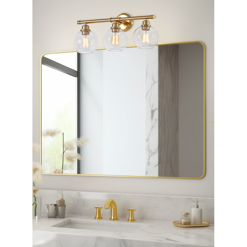 Mercer41 Kaisaan 23" Modern 3-Light Vanity/Bathroom Light, Clear Seeded Glass Globe Shades + Cool Brass / Gold Finish