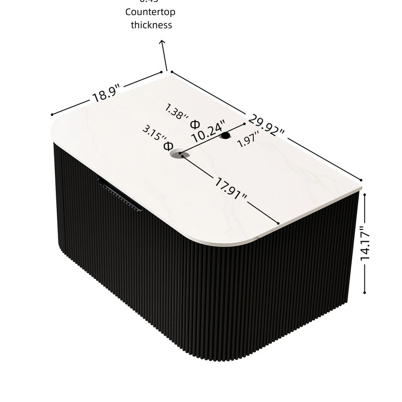 Armoire murale en contreplaqué de 30 po avec dessus en pierre frittée blanche, tiroir, contreplaqué noir, sans lavabo, robinet, poignée rainurée à rayures françaises 3D pour - finition de construction,