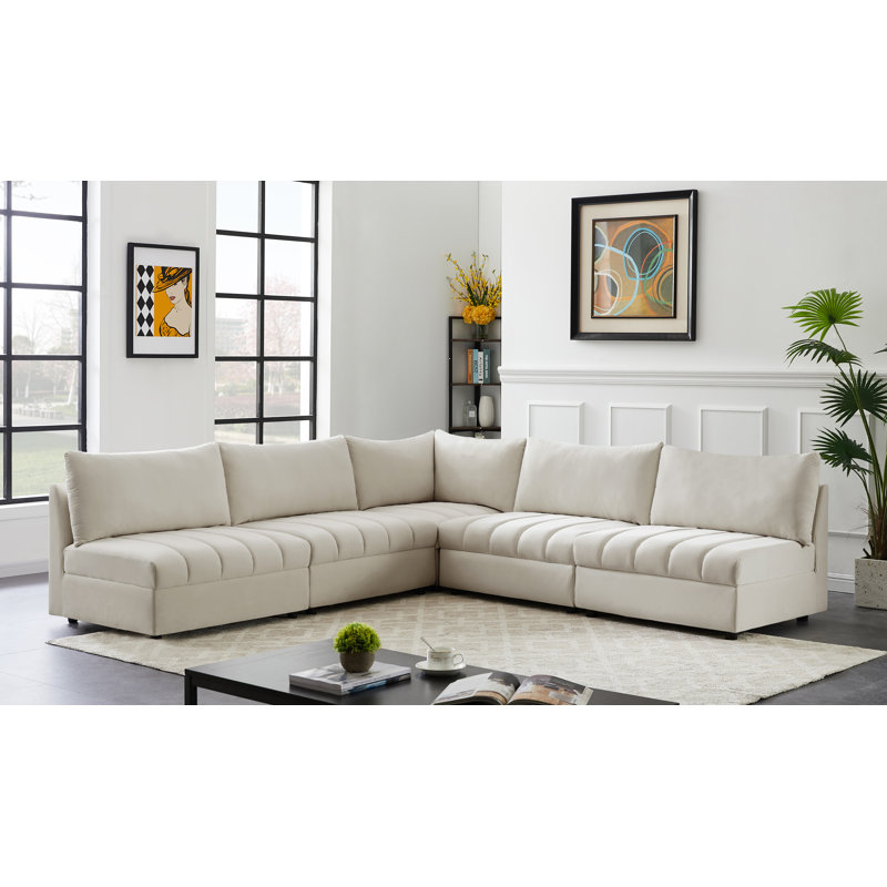 Ensoll Velvet L-Shaped Sectional Reversible, Cream Velvet