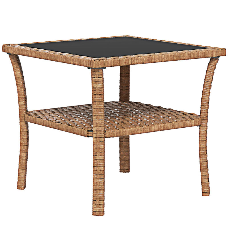 Table d'appoint d'extérieur en rotin avec tablette de rangement, Brun