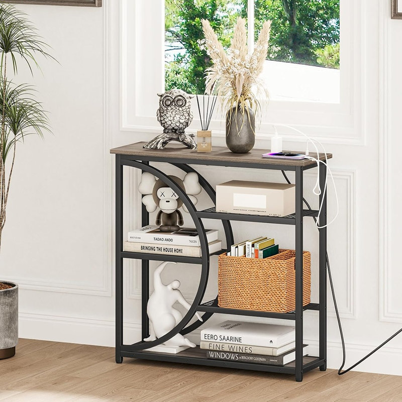 Console étroite avec station de recharge, étagères de rangement à 5 niveaux, table basse de style industriel pour entrée et salon