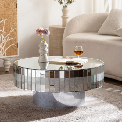 Table basse ronde à miroir 30,91 pouces avec grand diamant écrasé autour du miroir avec cadre en cristal argenté et bordure en cristal de luxe pour décoration intérieure moderne