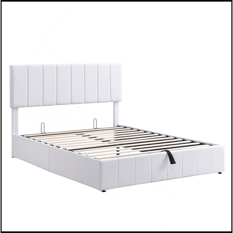 Lit plateforme tapissier avec système de rangement hydraulique, Blanc, Grand lit