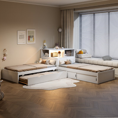 Twin Size L-Shaped Platform Bed with Trundle, Storage Cabinets, Built-In Desk and LED Light, Space-Saving Corner Bed,White