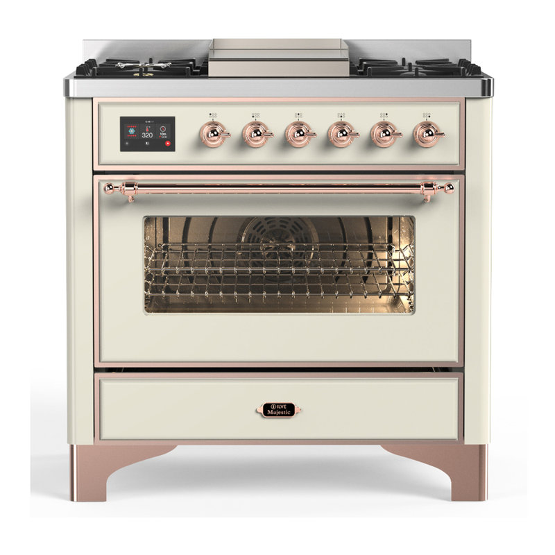 Majestic III Series 36 Inch Dual Fuel Range with 6 Sealed Burners, Griddle, in Glossy Black (Natural Gas, Brass Trim), Copper