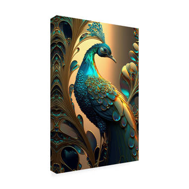Regal Beauty: A Vibrant Color Art Print of a Peacock Perched on a Bran