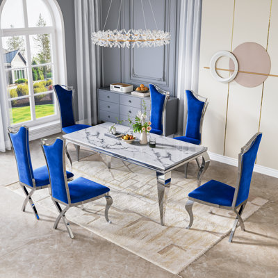 Marble Dining Table Set, 70" Modern Faux Marble Table With Stainless Steel Legs, Streamlined High-Back Chairs With X-Shaped Legs