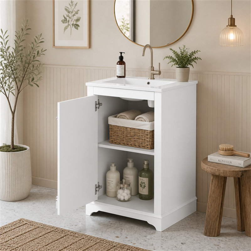 Meuble-lavabo de 20 po avec lavabo en céramique, ensemble de meuble-lavabo simple autoportant avec porte à fermeture douce, tablette réglable, style moderne