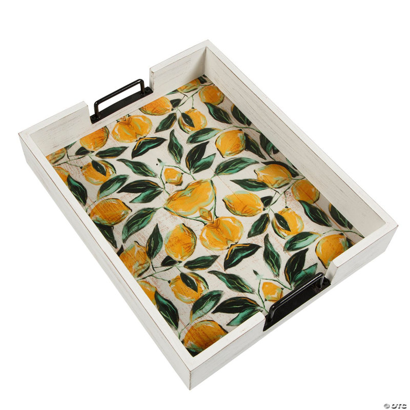 Plateau de service en bois avec poignées 10 po x 15 po x 2 1/2 po citron et feuilles